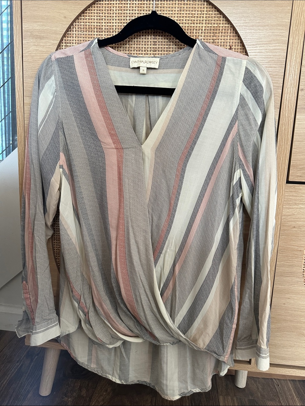 Cynthia Rowley Striped Surplice Blouse in Pink, Gray & Cream